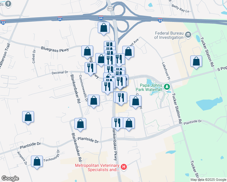 map of restaurants, bars, coffee shops, grocery stores, and more near Blankenbaker Parkway in Jefferson County