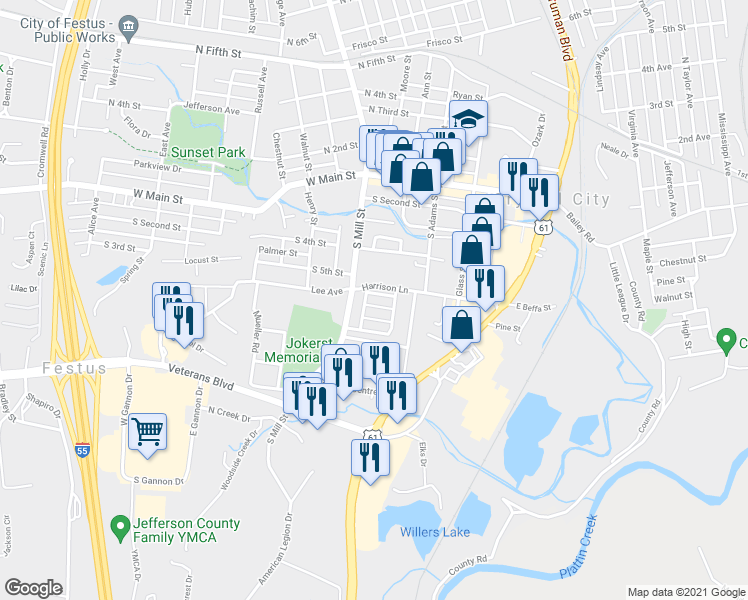 map of restaurants, bars, coffee shops, grocery stores, and more near 202A Timberwyck Street in Festus