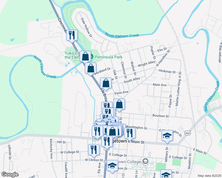 map of restaurants, bars, coffee shops, grocery stores, and more near 403 Robinson Avenue in Georgetown