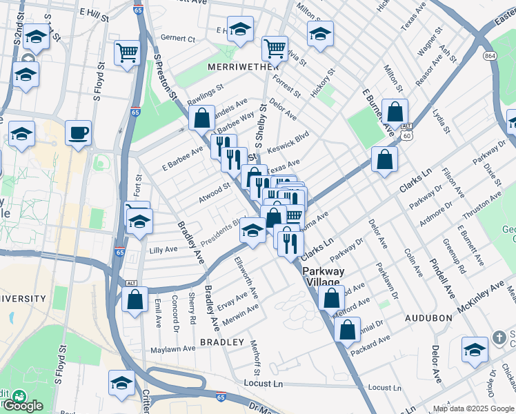 map of restaurants, bars, coffee shops, grocery stores, and more near 2233 South Preston Street in Louisville