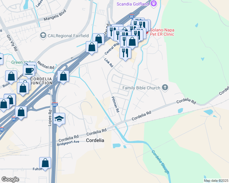 map of restaurants, bars, coffee shops, grocery stores, and more near 4374 Redwood Meadows Lane in Fairfield
