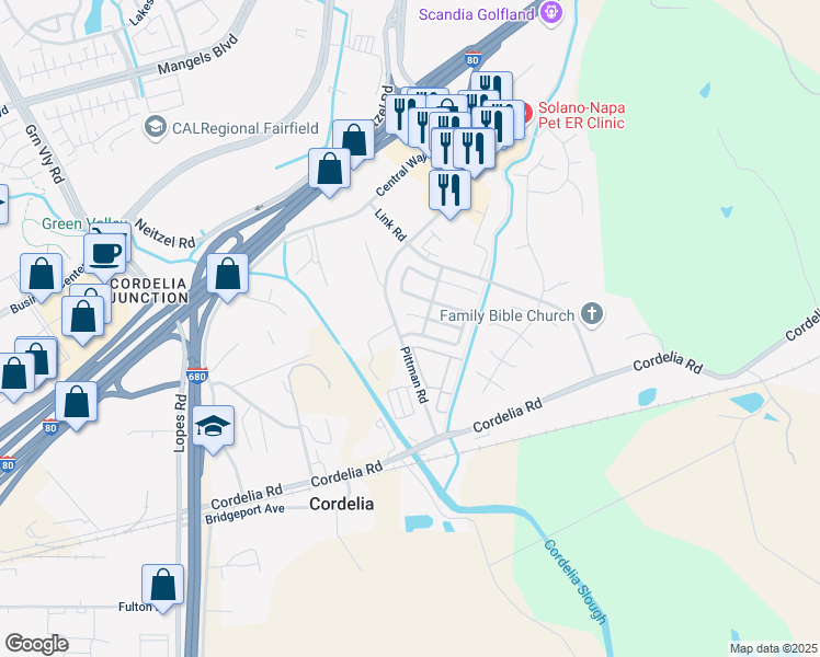 map of restaurants, bars, coffee shops, grocery stores, and more near 4374 Redwood Meadows Lane in Fairfield