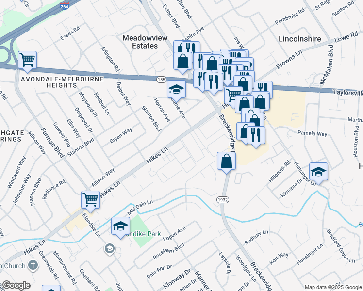 map of restaurants, bars, coffee shops, grocery stores, and more near 2602 Whitehall Terrace in Louisville