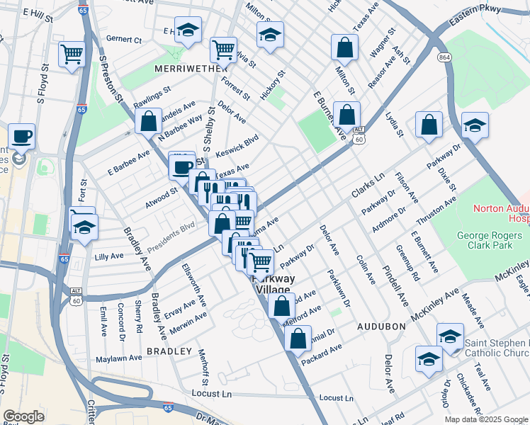 map of restaurants, bars, coffee shops, grocery stores, and more near 843 Minoma Avenue in Louisville