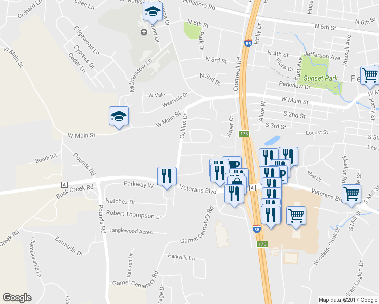 map of restaurants, bars, coffee shops, grocery stores, and more near 608 Westwood South Drive in Festus
