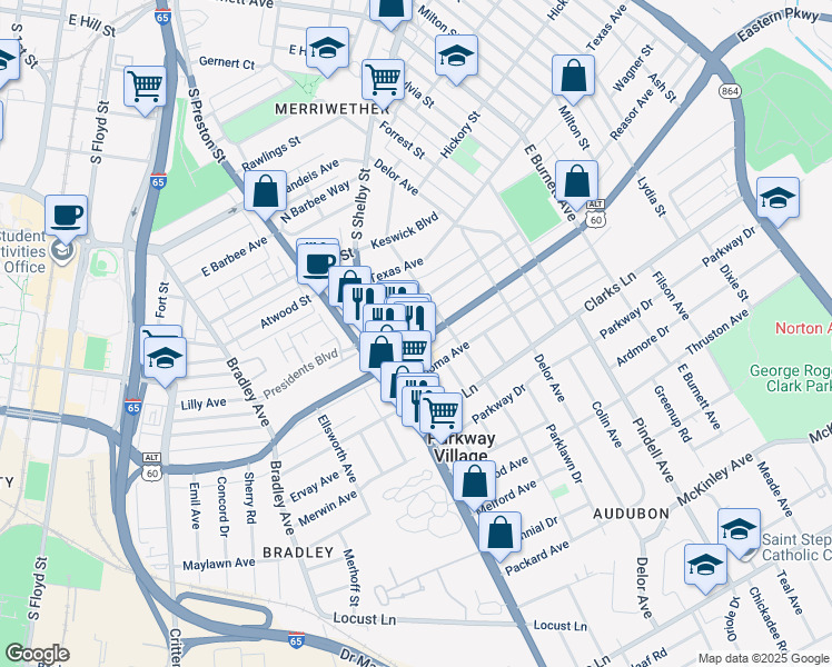 map of restaurants, bars, coffee shops, grocery stores, and more near 823 Eastern Parkway in Louisville