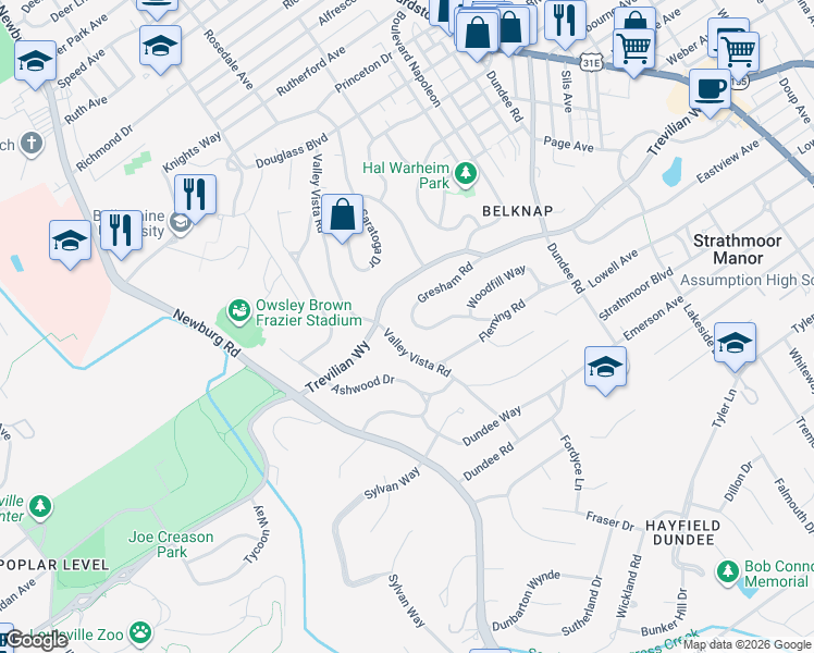 map of restaurants, bars, coffee shops, grocery stores, and more near 1815 Gresham Road in Louisville
