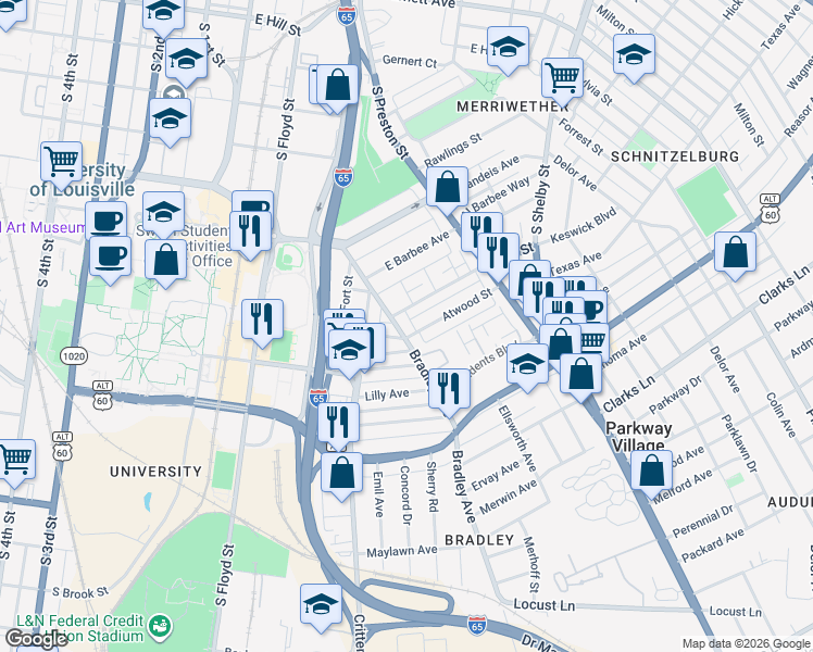 map of restaurants, bars, coffee shops, grocery stores, and more near in Louisville