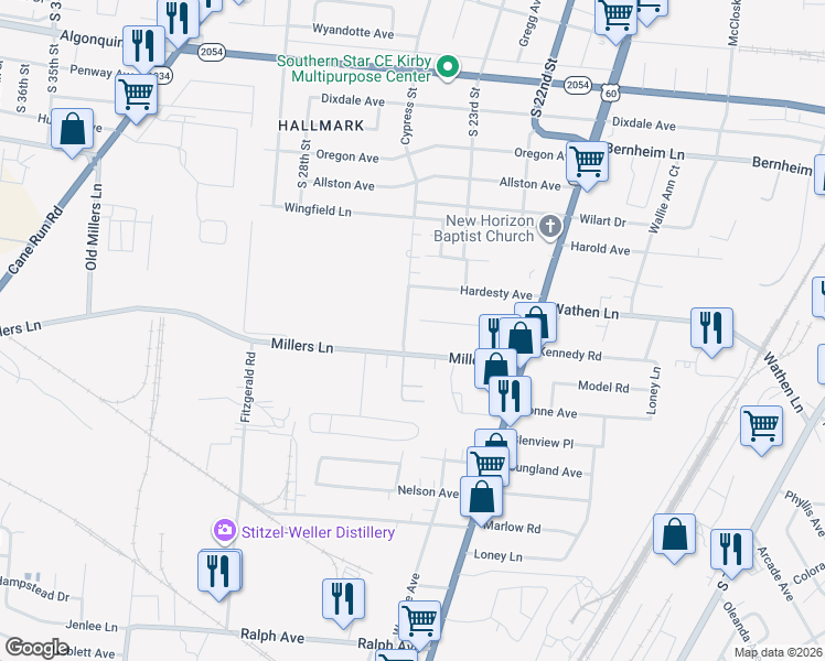 map of restaurants, bars, coffee shops, grocery stores, and more near 2315 Millers Lane in Louisville