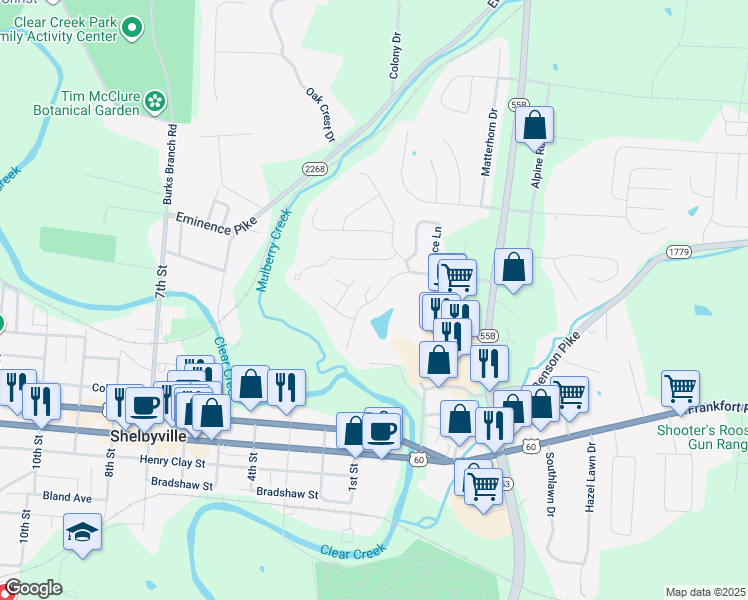 map of restaurants, bars, coffee shops, grocery stores, and more near 1001 Lakeview Drive in Shelbyville