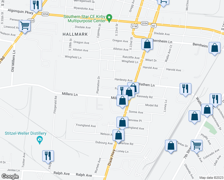 map of restaurants, bars, coffee shops, grocery stores, and more near 2300 Fust Avenue in Louisville