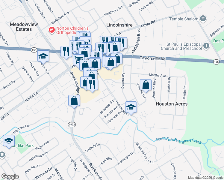 map of restaurants, bars, coffee shops, grocery stores, and more near 4001 Hope Court in Louisville