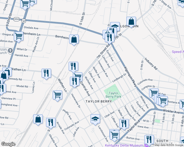 map of restaurants, bars, coffee shops, grocery stores, and more near 1437 Lillian Avenue in Louisville