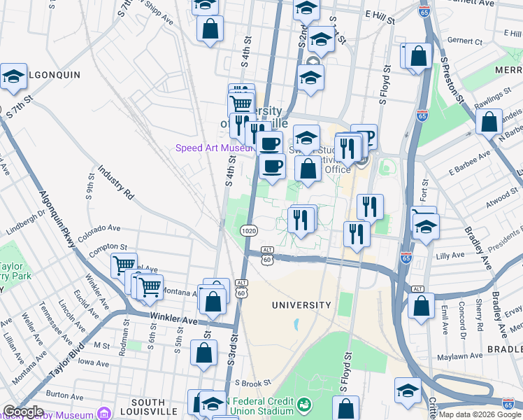 map of restaurants, bars, coffee shops, grocery stores, and more near 2301 South 3rd Street in Louisville
