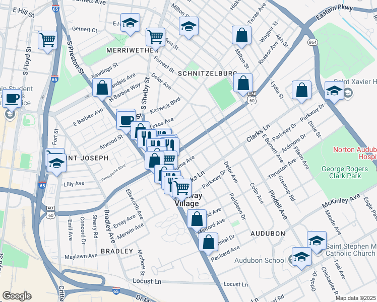 map of restaurants, bars, coffee shops, grocery stores, and more near 843 Minoma Avenue in Louisville