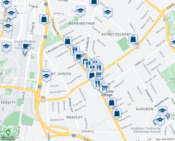 map of restaurants, bars, coffee shops, grocery stores, and more near 2241 Arthur Ford Court in Louisville