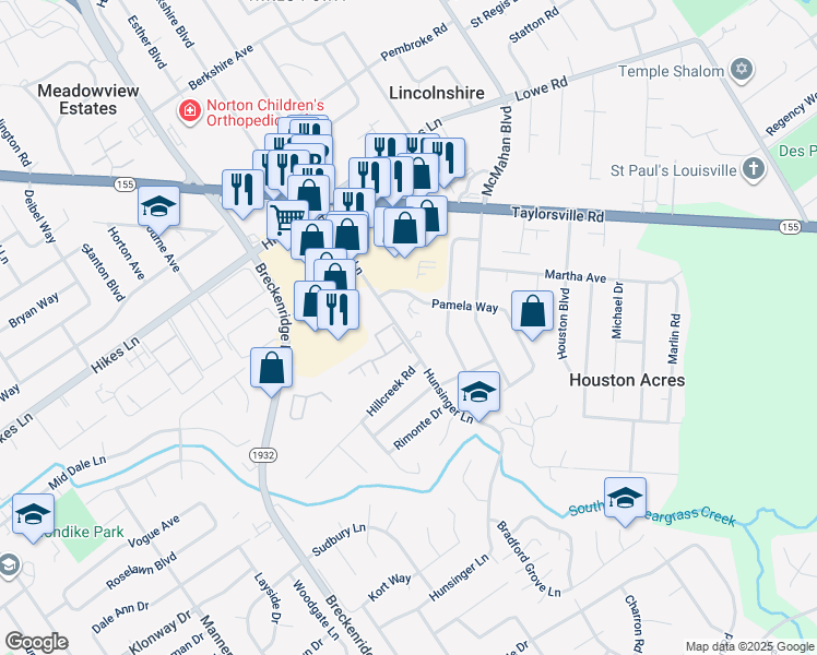 map of restaurants, bars, coffee shops, grocery stores, and more near 3131 Hunsinger Lane in Louisville