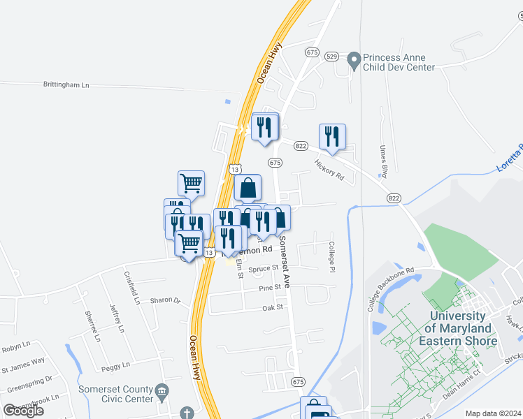 map of restaurants, bars, coffee shops, grocery stores, and more near 12126 Queens Grant Drive in Princess Anne