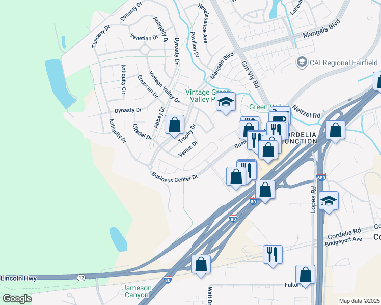 map of restaurants, bars, coffee shops, grocery stores, and more near 5288 Venus Drive in Fairfield