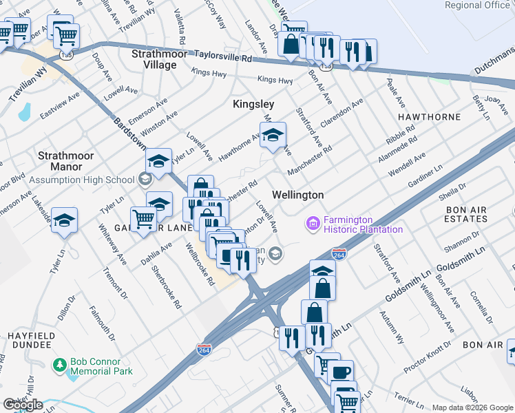 map of restaurants, bars, coffee shops, grocery stores, and more near 2231 Brighton Drive in Louisville