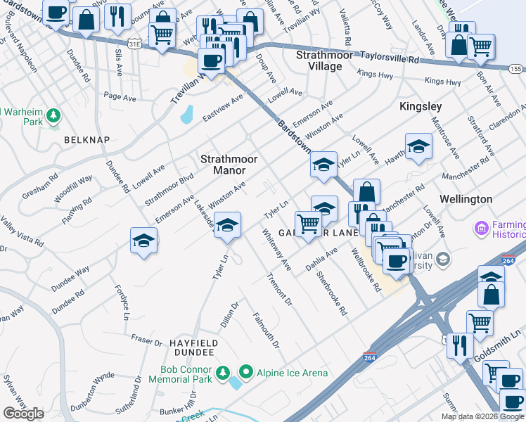 map of restaurants, bars, coffee shops, grocery stores, and more near 2030 Tyler Lane in Louisville