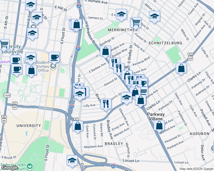 map of restaurants, bars, coffee shops, grocery stores, and more near 2200 James Guthrie Court in Louisville