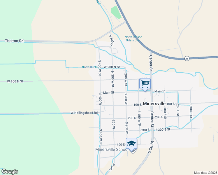 map of restaurants, bars, coffee shops, grocery stores, and more near 300-398 West 100 North Street in Minersville