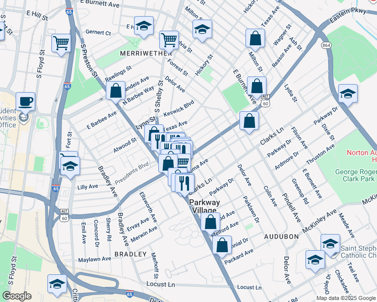 map of restaurants, bars, coffee shops, grocery stores, and more near 823 Eastern Parkway in Louisville