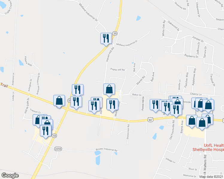 map of restaurants, bars, coffee shops, grocery stores, and more near 196 Midland Boulevard in Shelbyville