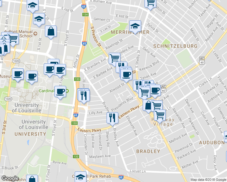 map of restaurants, bars, coffee shops, grocery stores, and more near 2200 James Guthrie Court in Louisville