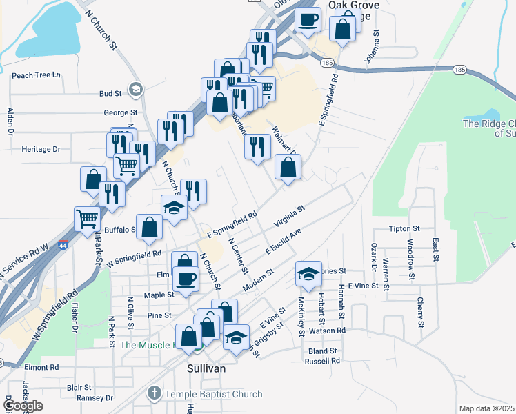 map of restaurants, bars, coffee shops, grocery stores, and more near 235 Virginia Street in Sullivan