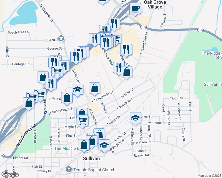 map of restaurants, bars, coffee shops, grocery stores, and more near 153 East Springfield Road in Sullivan