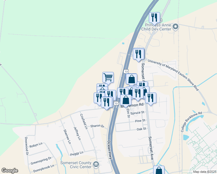 map of restaurants, bars, coffee shops, grocery stores, and more near 12158 Brittingham Lane in Princess Anne
