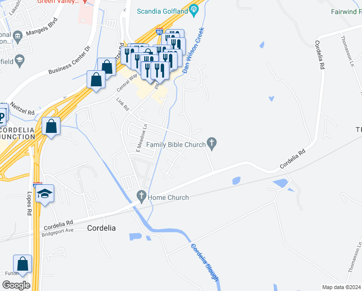 map of restaurants, bars, coffee shops, grocery stores, and more near 4105 Cedar Creek Court in Fairfield