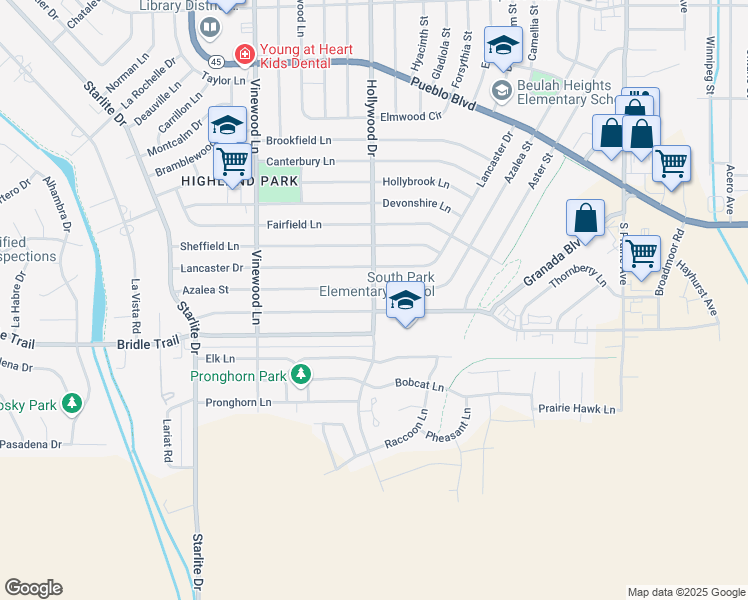 map of restaurants, bars, coffee shops, grocery stores, and more near 3100 Hollywood Drive in Pueblo
