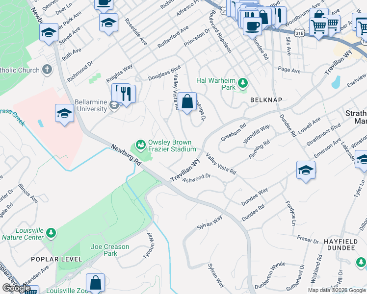 map of restaurants, bars, coffee shops, grocery stores, and more near 2541 Saratoga Drive in Louisville
