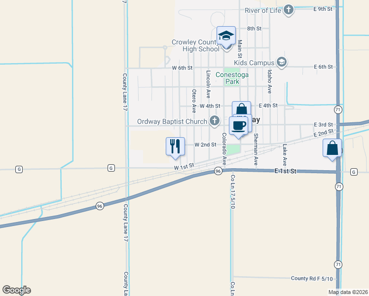 map of restaurants, bars, coffee shops, grocery stores, and more near 110 Otero Avenue in Ordway