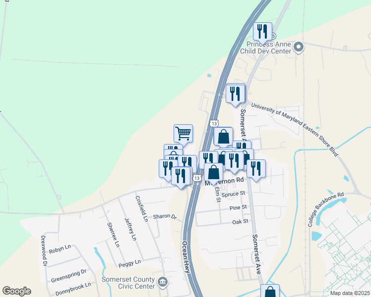 map of restaurants, bars, coffee shops, grocery stores, and more near 12158 Brittingham Lane in Princess Anne