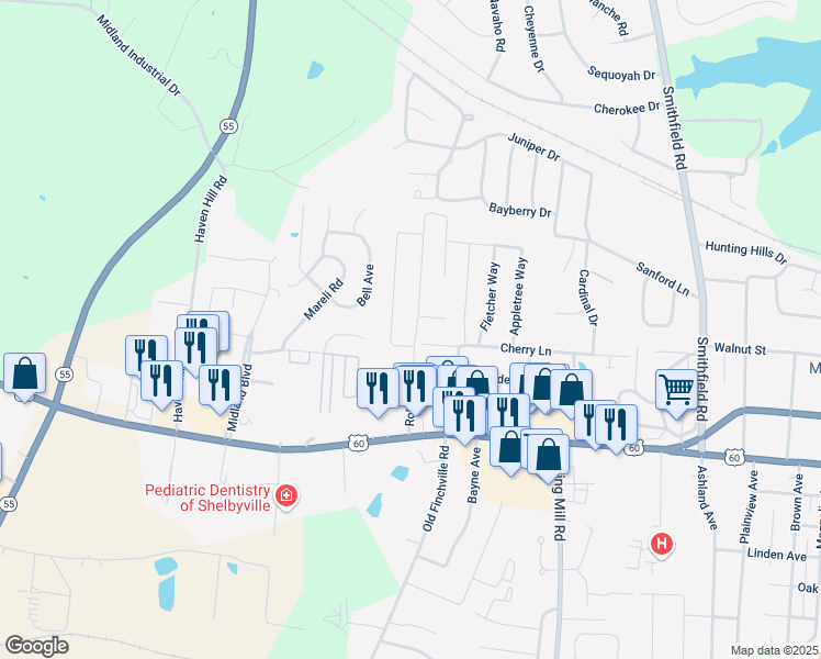 map of restaurants, bars, coffee shops, grocery stores, and more near 1802 Blackwell Road in Shelbyville