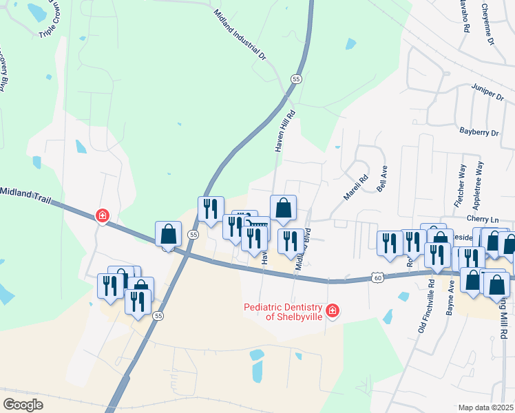map of restaurants, bars, coffee shops, grocery stores, and more near 411 Haven Hill Road in Shelbyville