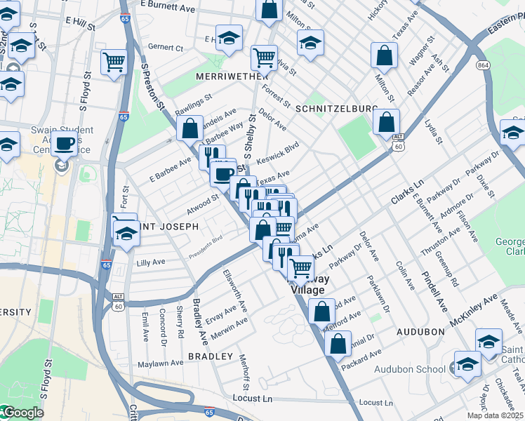 map of restaurants, bars, coffee shops, grocery stores, and more near 2253 South Shelby Street in Louisville
