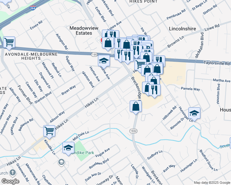 map of restaurants, bars, coffee shops, grocery stores, and more near 2623 El Patio Place in Louisville