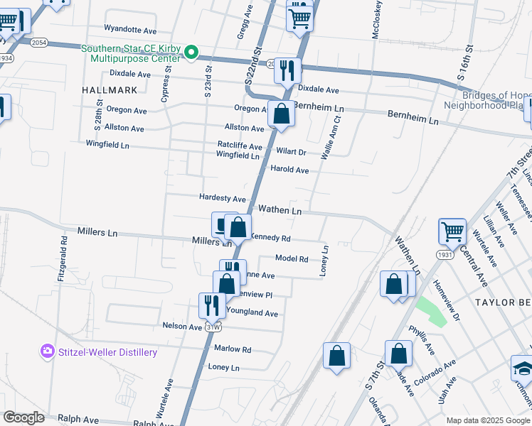 map of restaurants, bars, coffee shops, grocery stores, and more near 1727 Kennedy Road in Louisville