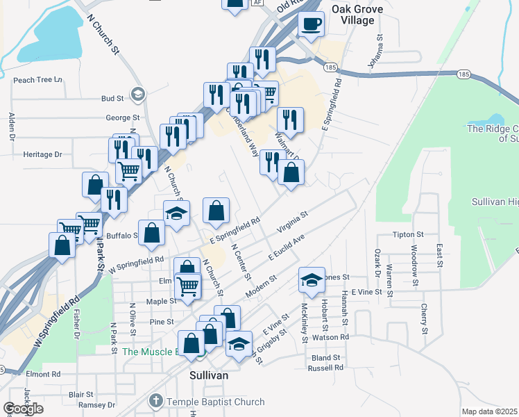 map of restaurants, bars, coffee shops, grocery stores, and more near 153 East Springfield Road in Sullivan