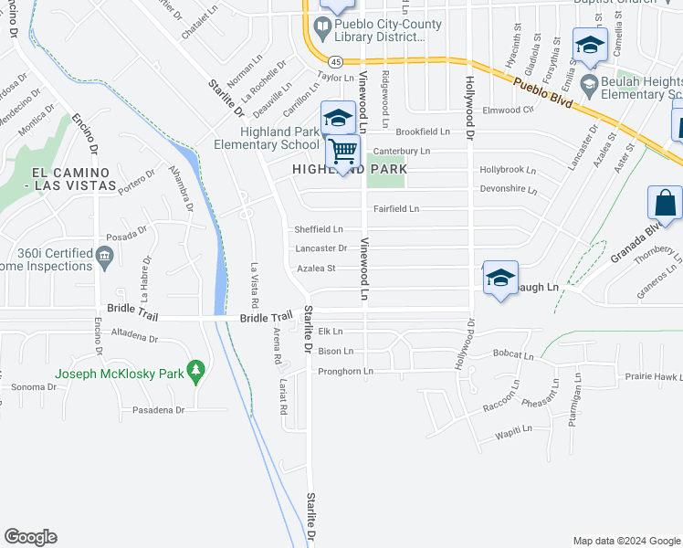 map of restaurants, bars, coffee shops, grocery stores, and more near 3924 Azalea Street in Pueblo