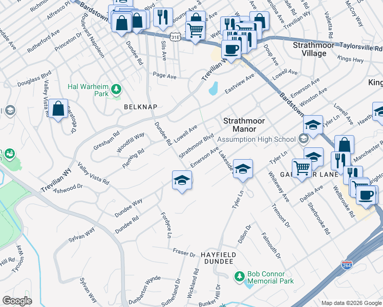 map of restaurants, bars, coffee shops, grocery stores, and more near 1900 Emerson Avenue in Louisville