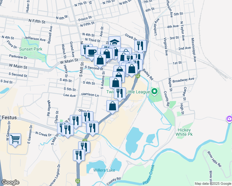 map of restaurants, bars, coffee shops, grocery stores, and more near 155 Twin City Mall in Crystal City