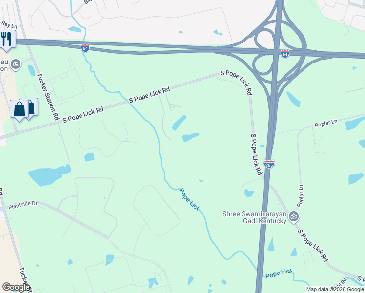 map of restaurants, bars, coffee shops, grocery stores, and more near 12880 South Pope Lick Road in Jeffersontown