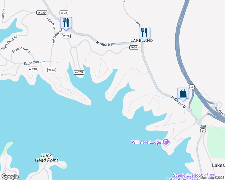 map of restaurants, bars, coffee shops, grocery stores, and more near 33-55 Bob White Lane in Lake Ozark