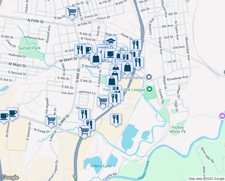 map of restaurants, bars, coffee shops, grocery stores, and more near 155 Twin City Mall in Crystal City